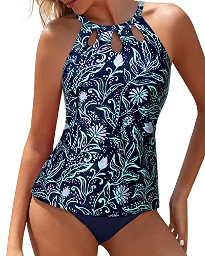 Crazy Discounts, Hurry Up Stylish Keyhole Design Tummy Control Tankini Bathing Suit-Blue Floral Crazy Discounts, Hurry Up Stylish Keyhole Design Tummy Control Tankini Bathing Suit-Blue Floral