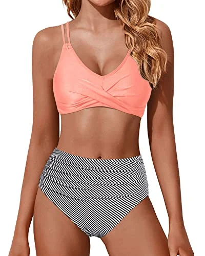 Women's Outerwear Garments Latest Trends Ruched High Waisted Bikini Set Two Piece Swimsuits Push Up Wrap Swim Suits-Coral Pink Stripe