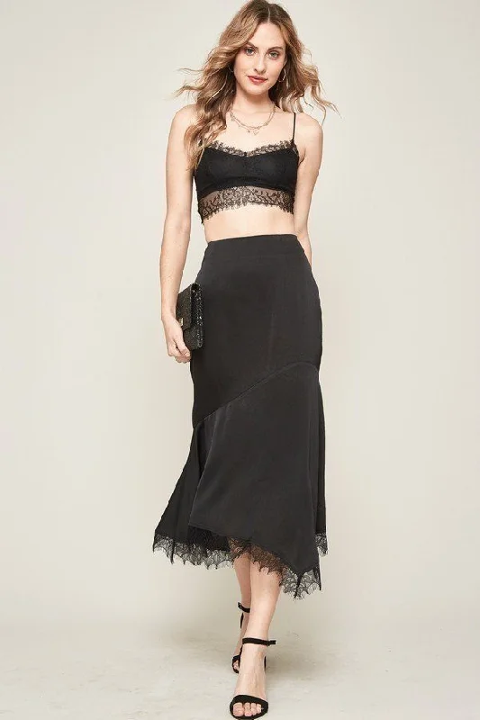 Contemporary Chic Hot Girl Satin Lace Detail Midi Skirt In Black