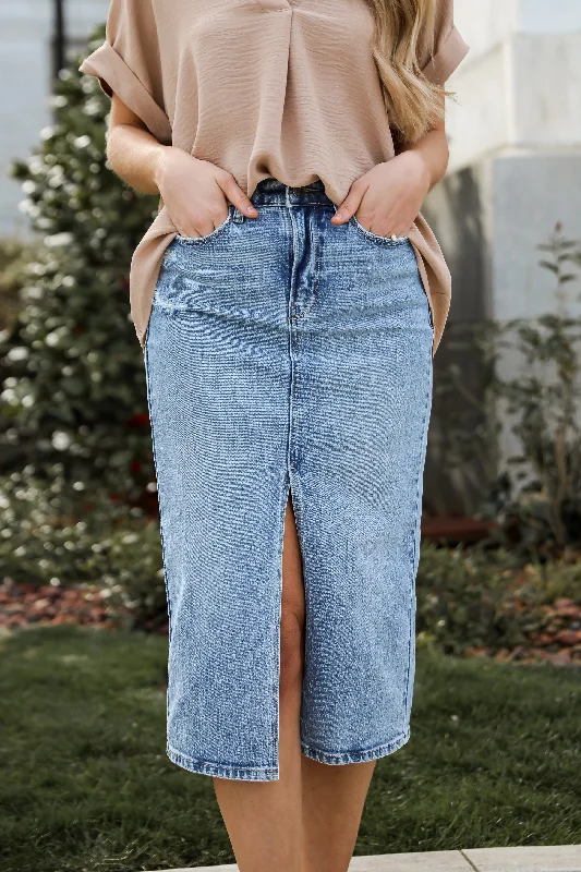 Trendy Threads FINAL SALE - Make It Easy Medium Wash Denim Midi Skirt