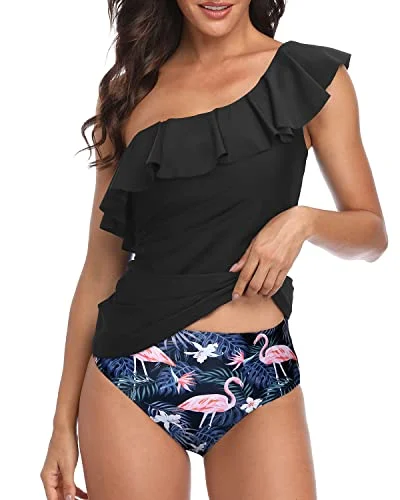 Step Ahead, Lead The Trend Flounce Trim Ruffle Tummy Control One Shoulder Tankini Swimsuits For Women-Black Flamingo Step Ahead, Lead The Trend Flounce Trim Ruffle Tummy Control One Shoulder Tankini Swimsuits For Women-Black Flamingo
