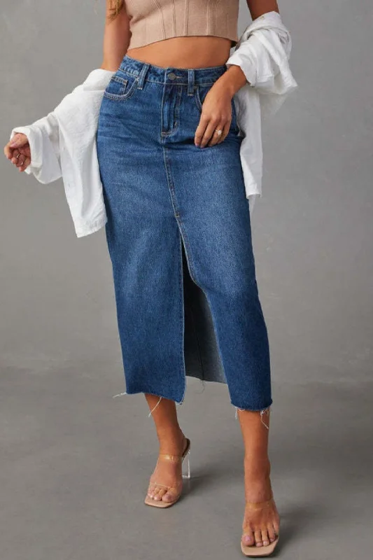 Effortless Comfort Hot Girl Slit Raw Hem Midi Denim Skirt