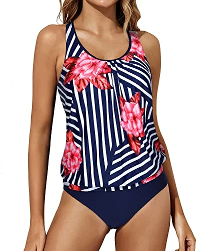 Fashion Forward Loose Fit Two Piece Tankini Bathing Suits For Women Tummy Control-Blue Floral Fashion Forward Loose Fit Two Piece Tankini Bathing Suits For Women Tummy Control-Blue Floral