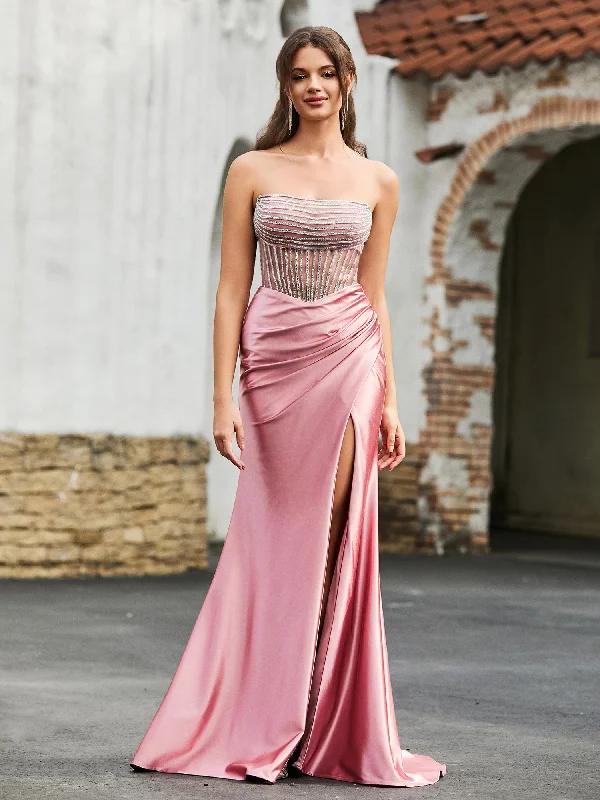 Exclusive Sale Feminine Elegance Diamond Corset Satin Maxi Dress Dusty Rose
