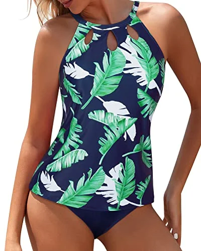 Trendy Pulse Two Piece Backless High Neck Tankini Swimsuits For Women-Blue Leaf