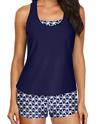 Trend Forward Women's Wear Bathing Suit Adjustable Shoulder Straps & Mid Waist Boyleg Bottoms-Navy Blue Tribal Trend Forward Women's Wear Bathing Suit Adjustable Shoulder Straps & Mid Waist Boyleg Bottoms-Navy Blue Tribal