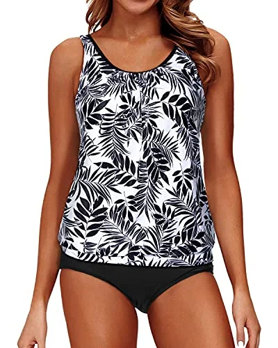 Season Sale Women's Athletic Blouson Tankini Swimsuit Sports Bra-Black Leaves