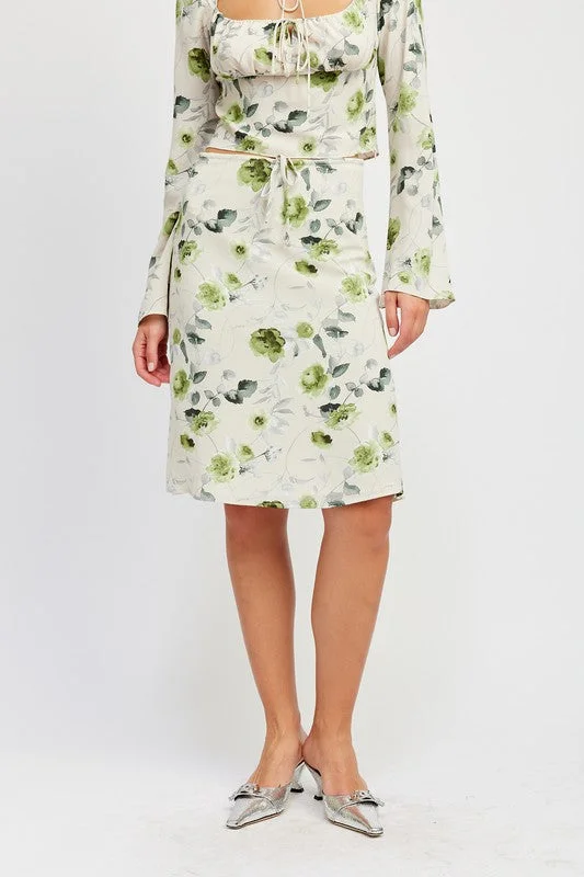 Sustainable Fashion Extravaganza Hot Girl Green Ivy Floral Drawstring Midi Skirt