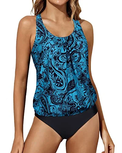 Pastel Styles Racerback Tankini Tank Tops Bottoms Blouson Swimwear For Women-Black And Tribal Blue Pastel Styles Racerback Tankini Tank Tops Bottoms Blouson Swimwear For Women-Black And Tribal Blue