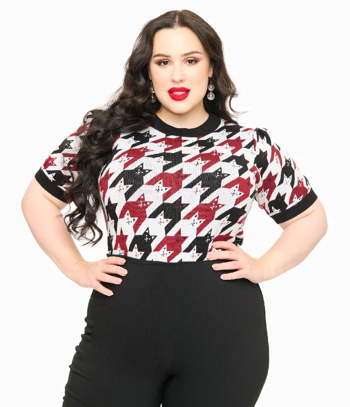 Fashionable Tops for Women Insane Discount Onslaught Unique Vintage Plus Size Burgundy & Black Cat Houndstooth Paige Sweater