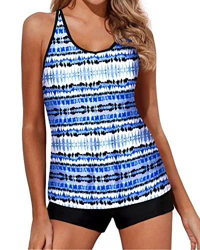 Comfort First Women's Wear Tummy Control Tankini Swimsuits Boy Shorts-Blue Tribal