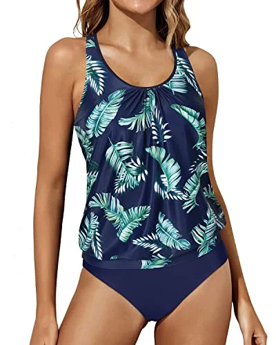 Wardrobe Essentials Athletic Tankini Bathing Suits Tank Tops Bottoms Blouson Swimwear For Women-Blue Leaves Wardrobe Essentials Athletic Tankini Bathing Suits Tank Tops Bottoms Blouson Swimwear For Women-Blue Leaves