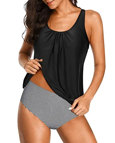 Trendy Fashion Sale Ladies 2 Piece Blouson Tankini Swimsuits Tummy Control Bathing Suits-Black Stripe Trendy Fashion Sale Ladies 2 Piece Blouson Tankini Swimsuits Tummy Control Bathing Suits-Black Stripe
