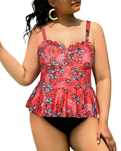 Quality Driven Apparel Two Piece Ruffle Hem Peplum Tankini Swimsuits For Curvy Girls-Red Floral Quality Driven Apparel Two Piece Ruffle Hem Peplum Tankini Swimsuits For Curvy Girls-Red Floral