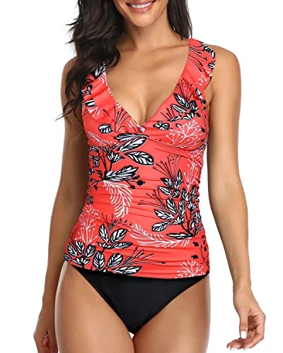 Everyday Basics 2 Piece Sexy Falbala Flounce Tankini Swimsuits Ruched Bathing Suits-Red Floral Everyday Basics 2 Piece Sexy Falbala Flounce Tankini Swimsuits Ruched Bathing Suits-Red Floral