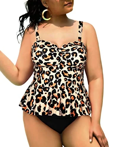Mega Sale Adjustable Straps Plus Size Two Piece Swimsuits For Curvy Women-Black And Leopard Mega Sale Adjustable Straps Plus Size Two Piece Swimsuits For Curvy Women-Black And Leopard