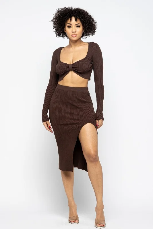 Feminine Allure Hot Girl Coco High Slit Skirt Two Piece Set In Chocolate Brown