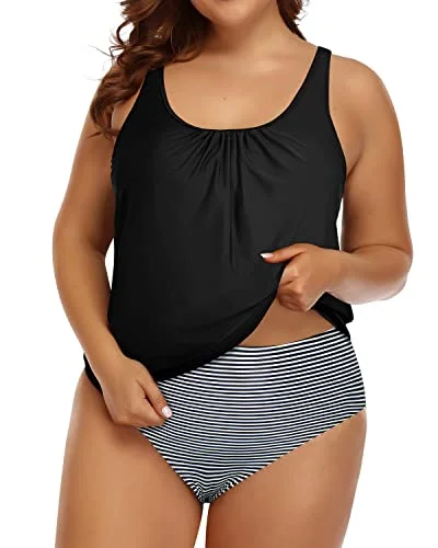Fashion Forward Femme Womens Plus Size Two Piece Bathing Suits Blouson Tankini High Waist Bottom-Black Stripe Fashion Forward Femme Womens Plus Size Two Piece Bathing Suits Blouson Tankini High Waist Bottom-Black Stripe