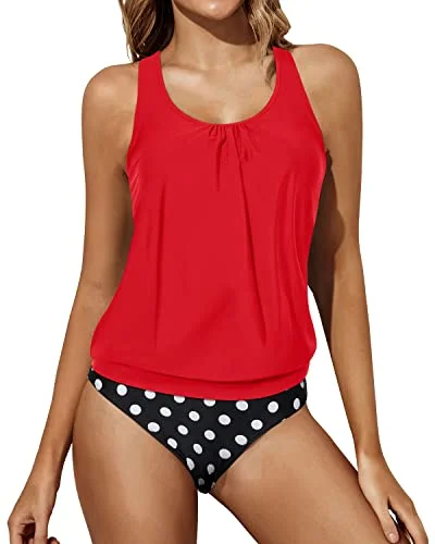 Fashion Forward Tummy Control Tankini Bathing Suits Racerback Tank Tops Blouson Swimwear-Red Dot