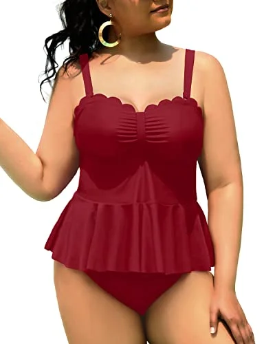 Stylish Basics Plus Size 2 Piece Tankini Tummy Control Bathing Suits For Curvy Girl Swimsuits-Maroon Stylish Basics Plus Size 2 Piece Tankini Tummy Control Bathing Suits For Curvy Girl Swimsuits-Maroon