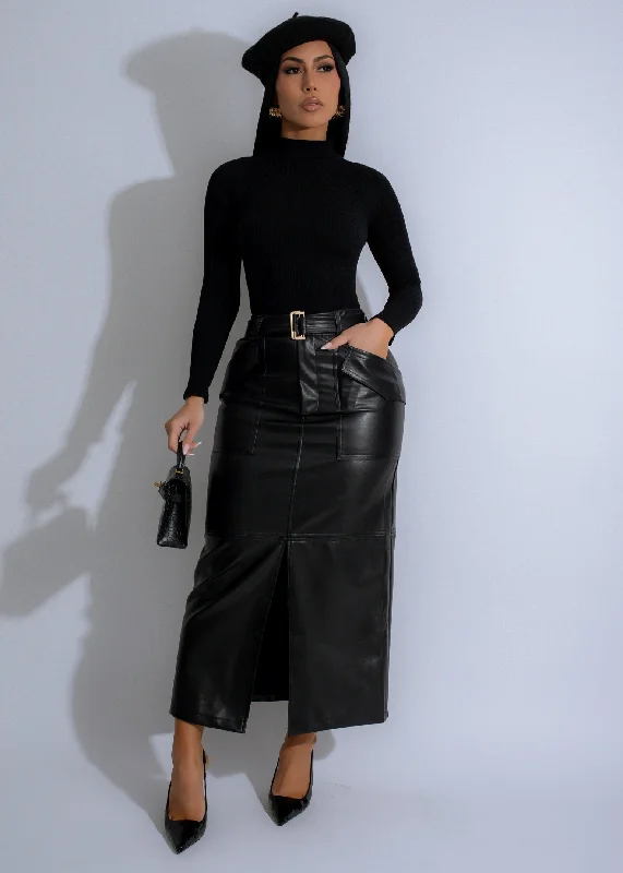 Chic Urban Fashion Look Terrain Utility Faux Leather Skirt Black