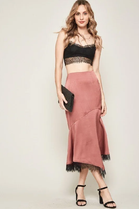 Graceful Cut Hot Girl Satin Lace Detail Midi Skirt In Rose