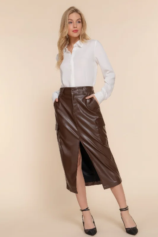 Trendy Street Style Attire Hot Girl Florence Faux Leather Cargo Midi Skirt In Brown