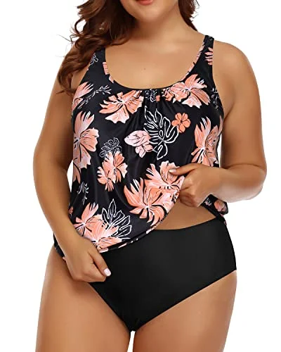 Trendsetter's Closet Women's Plus Size Two Piece Blouson Tankini Swimsuit-Black Orange Floral Trendsetter's Closet Women's Plus Size Two Piece Blouson Tankini Swimsuit-Black Orange Floral