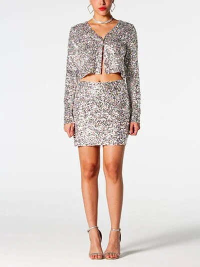 Refined Simplicity Hot Girl Sequin V-Neck Top and Mini Skirt Set