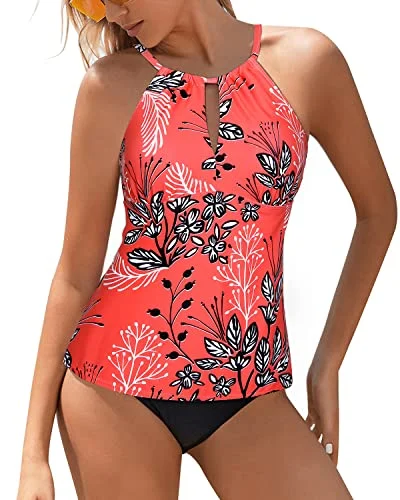 Chic Trend Collection Women's High Neck Tankini Swimsuits Tummy Control Bathing Suits-Red Floral Chic Trend Collection Women's High Neck Tankini Swimsuits Tummy Control Bathing Suits-Red Floral