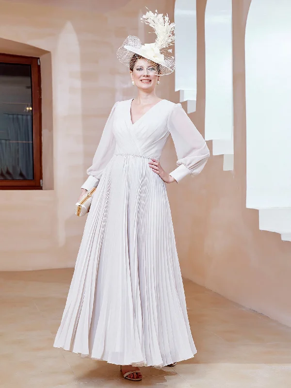 Women's Clothing for All Occasions Limited Time Offer V-neck Long Sleeves Pleated Ruched Dress Ivory