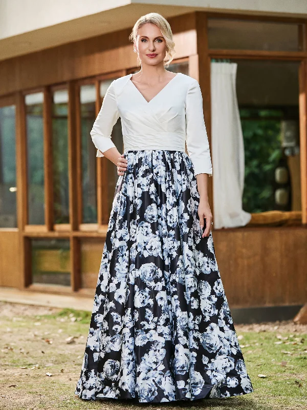Comfy Women's Outfits for Daily Wear Vintage Style Clothing Sale 3/4 Length V-neck Collar Floral Print A-line Maxi Dress Ivory