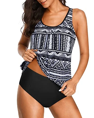 Ends Soon Two Piece Blouson Tankini Swimsuits Tummy Control For Women-Black Tribal