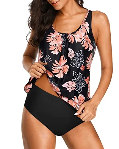 Designer Wear On Sale Women's Athletic Swimwear Blouson Tankini Swimsuits For Tummy Control-Black Orange Floral Designer Wear On Sale Women's Athletic Swimwear Blouson Tankini Swimsuits For Tummy Control-Black Orange Floral