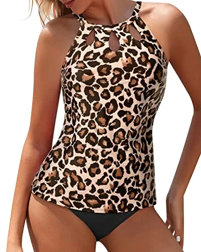 Clearance Sale, All Cheap High Waisted Tummy Control Tankini Set For Full Coverage-Black And Leopard Clearance Sale, All Cheap High Waisted Tummy Control Tankini Set For Full Coverage-Black And Leopard