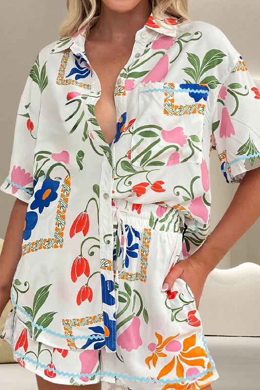 Hollywood Glam Award - Show Style Hot Girl Floral Button Up Top and Shorts Lounge Set