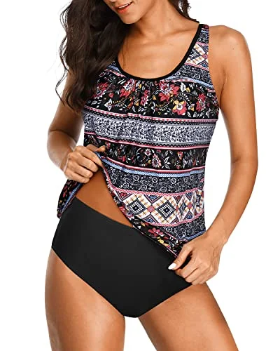 Budget Saver 2 Piece Stylish Tankini Swimsuits For Women No Show Cleavage-Black Tribal Budget Saver 2 Piece Stylish Tankini Swimsuits For Women No Show Cleavage-Black Tribal