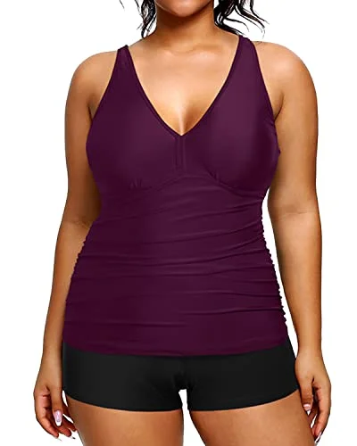 Trendy Attire For Her Plus Size Tankini Swimsuit Shorts Athletic Two Piece Swimwear-Maroon
