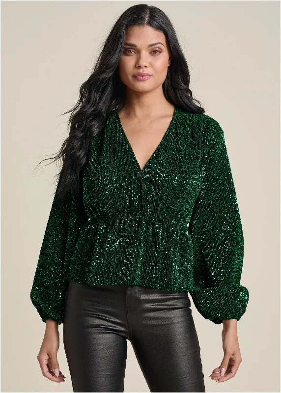 Charming Women's Garments Elegant Styles Allover Sequin Wrap Top - Green