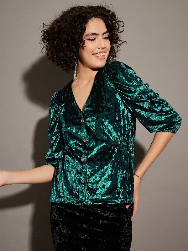 The Ultimate Fashion Sale Is Here Women Emerald Velvet Front Button Top