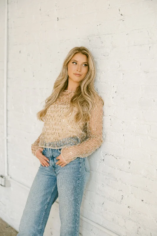Weekend Exclusive Gold Beaded Mesh Top