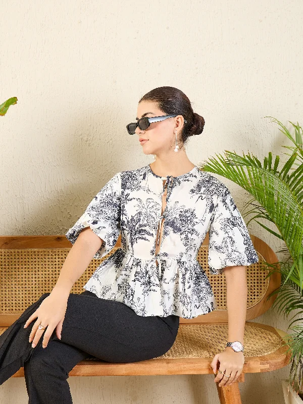 Budget Friendly Printed Cotton Tie-Up Peplum Top