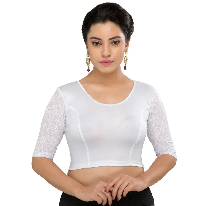 Fashionable Comfort Promotions Designer Silver Shimmer Non-Padded Stretchable Netted Short Sleeves Saree Blouse Crop Top (A-25-Silver)