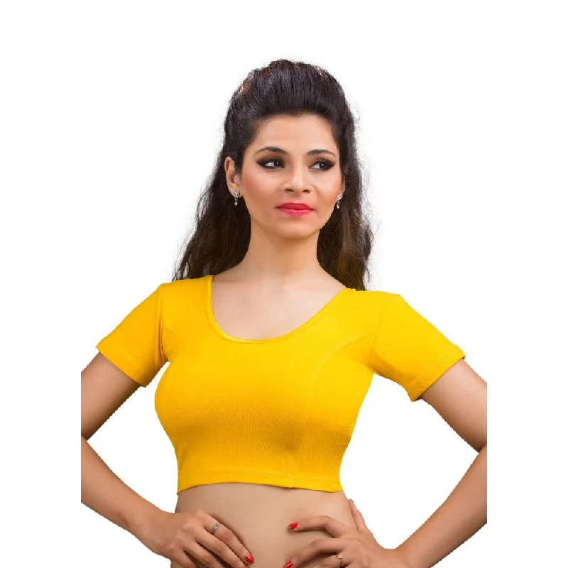Step Ahead, Lead The Trend Designer Dark-Yellow Non-Padded Cotton Lycra Stretchable Short Sleeves Saree Blouse Crop Top (A-14-Dark-Yellow)