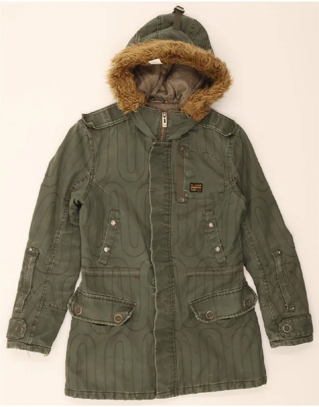 Casual Dresses for Women G-STAR Womens Hooded Parka Jacket UK 16 Large Green Geometric Cotton