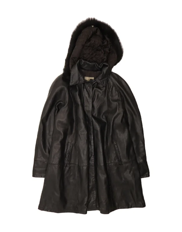 Clothes For Woman VINTAGE Womens Hooded Leather Coat UK 16 Large Black Leather