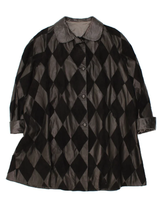 Rocker Chic Fashion VINTAGE Womens Leather Coat UK 20 2XL Black Argyle/Diamond