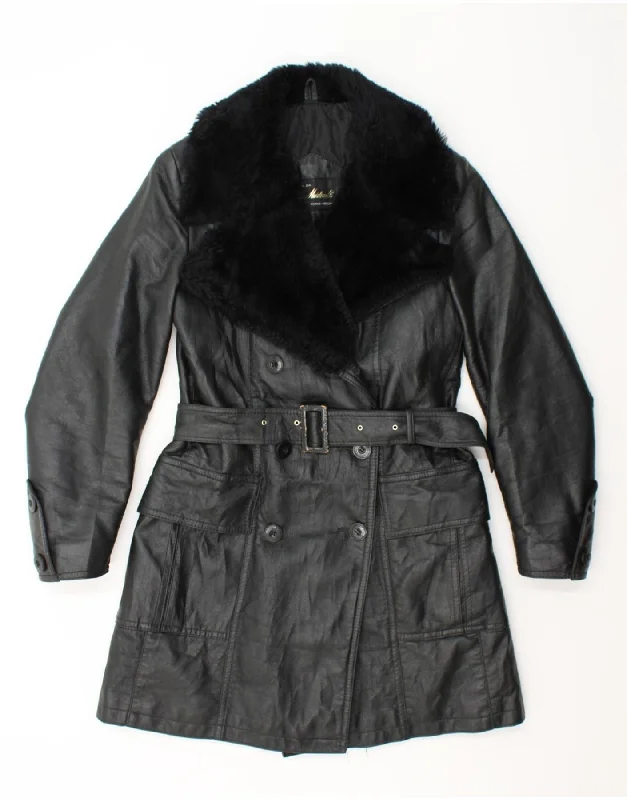Women's Stylish Outerwear VINTAGE Womens Double Breasted Leather Coat IT 46 Large Black