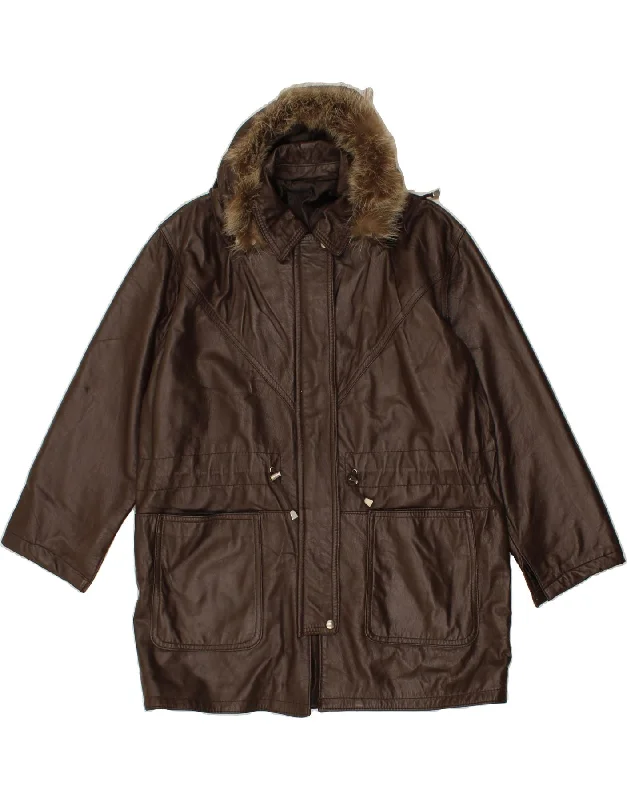 Holiday Discount VINTAGE Womens Hooded Leather Coat UK 18 XL Brown Leather
