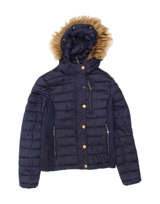 Trendy Women's Outfits for Casual Wear SUPERDRY Womens Hooded Padded Jacket UK 10 Small Navy Blue Nylon